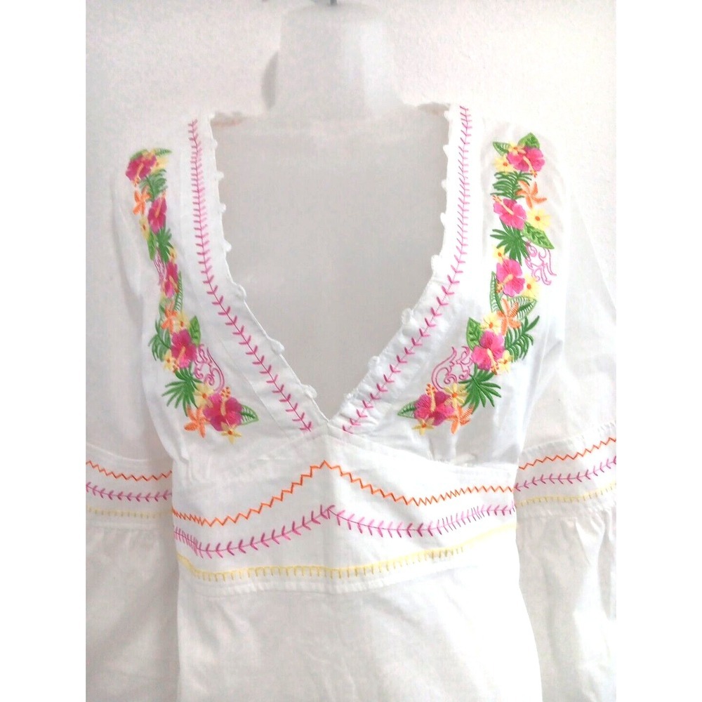 NEW Boho Tunic Mini Dress Womens XL White Cotton Pink Embroidery‎ DEEP V Beachy